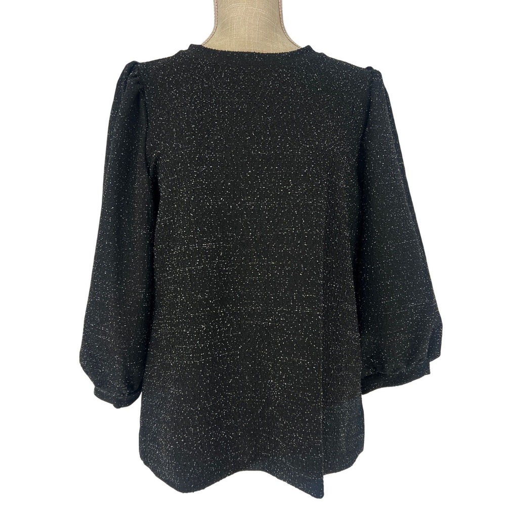Anne Klein Blouse Womens Medium Black Metallic Puff Sleeve Textured Top Shimmer